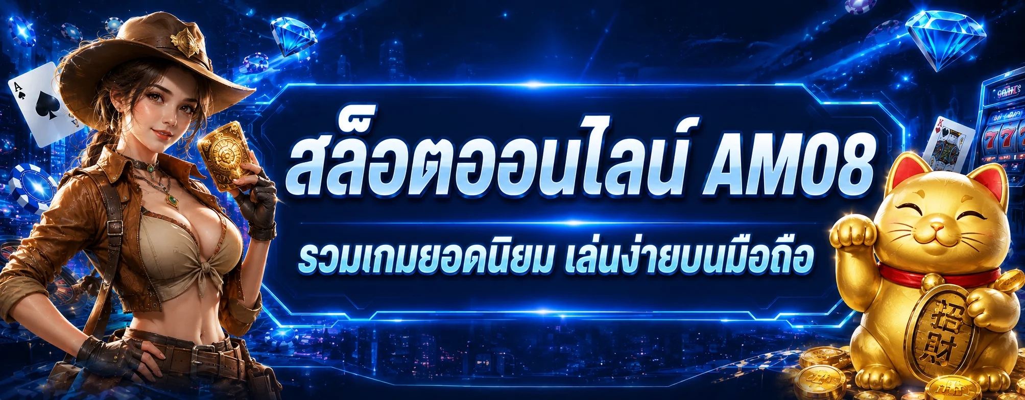 แบนเนอร์สล็อตออนไลน์ AM08 พร้อมตัวละครเกมและแมวนำโชค